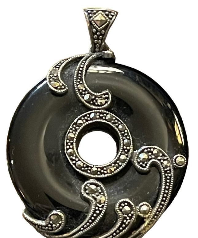 Sterling silver marcasite large black onyx fancy ornate disk pendant round