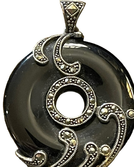 Sterling silver marcasite large black onyx fancy ornate disk pendant round
