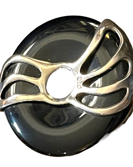 Sterling silver marcasite large black onyx fancy ornate disk pendant round
