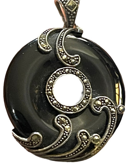 Sterling silver marcasite large black onyx fancy ornate disk pendant round