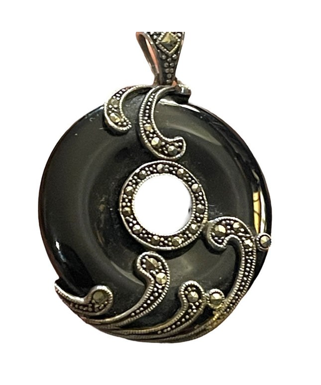 Sterling silver marcasite large black onyx fancy ornate disk pendant round
