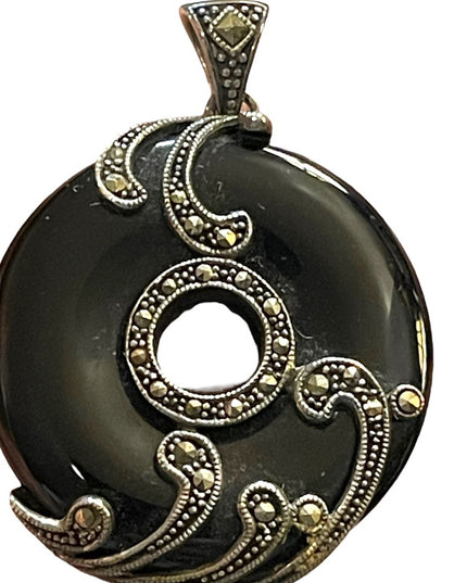 Sterling silver marcasite large black onyx fancy ornate disk pendant round