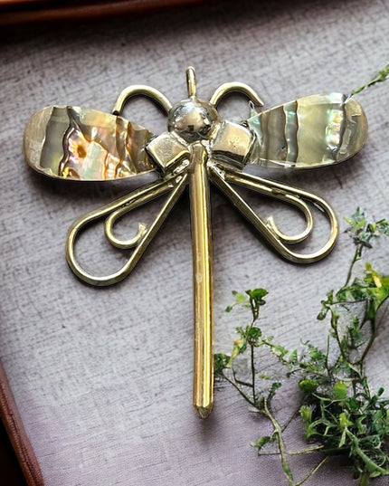 Vintage Alpaca Mexico Abalone dragonfly necklace pendant