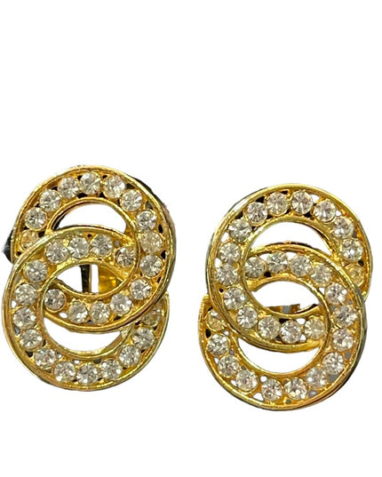 Lovely vintage 1980s NORMA JEAN gold finish rhinestone infinity circle clip ons