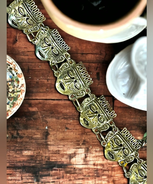 Vintage Sterling silver Mexico Taxco 925 Aztec Mayan Mask link bracelet