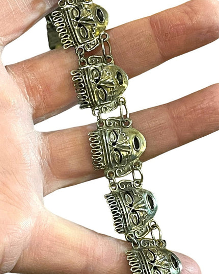 Vintage Sterling silver Mexico Taxco 925 Aztec Mayan Mask link bracelet