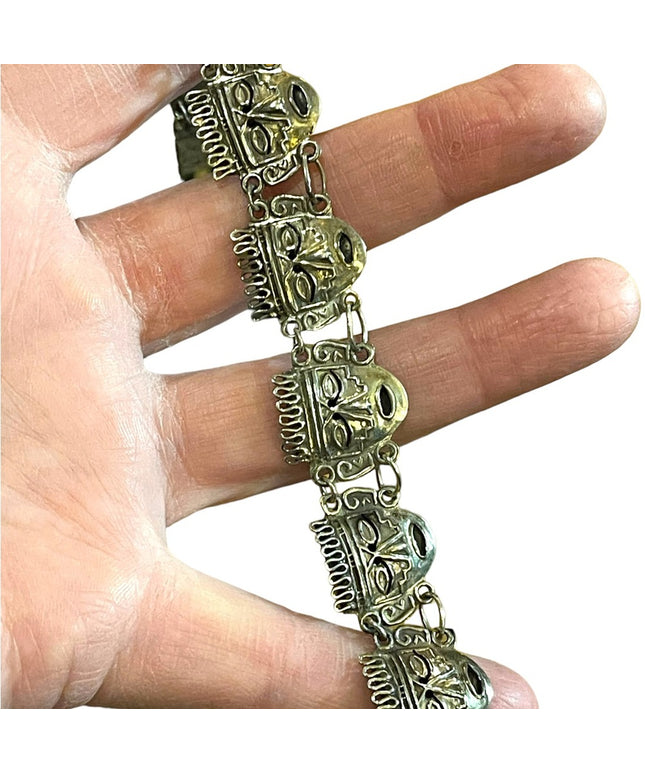 Vintage Sterling silver Mexico Taxco 925 Aztec Mayan Mask link bracelet
