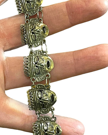 Vintage Sterling silver Mexico Taxco 925 Aztec Mayan Mask link bracelet