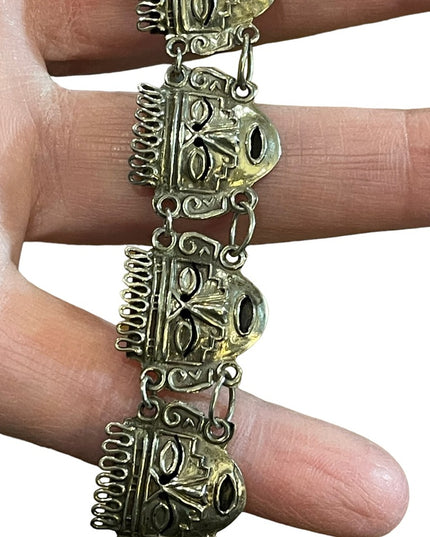 Vintage Sterling silver Mexico Taxco 925 Aztec Mayan Mask link bracelet