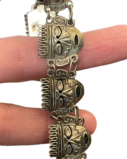 Vintage Sterling silver Mexico Taxco 925 Aztec Mayan Mask link bracelet