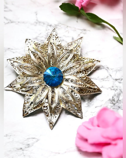 Antique 800 Silver LG ornate filagree Rivoli glass Starburst flower brooch