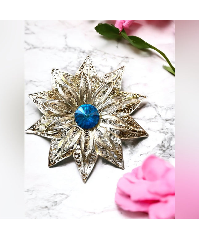 Antique 800 Silver LG ornate filagree Rivoli glass Starburst flower brooch