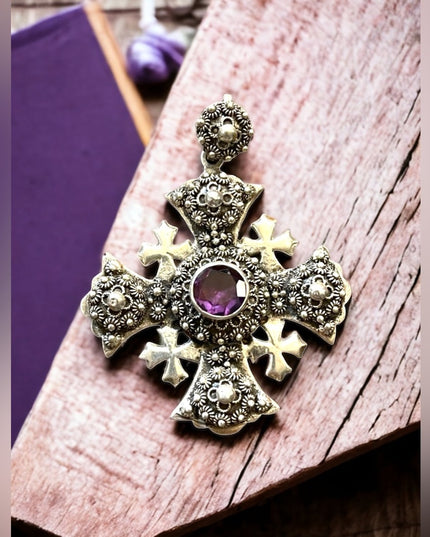 Antique Jerusalem 925 Sterling ornate Amethyst Cross Crusaders RARE LG Pendant