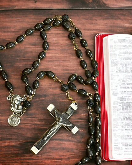 Antique Wood & Aluminum Crucifix Rosary Resin bead Italy