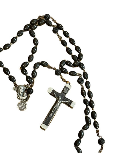 Antique Wood & Aluminum Crucifix Rosary Resin bead Italy