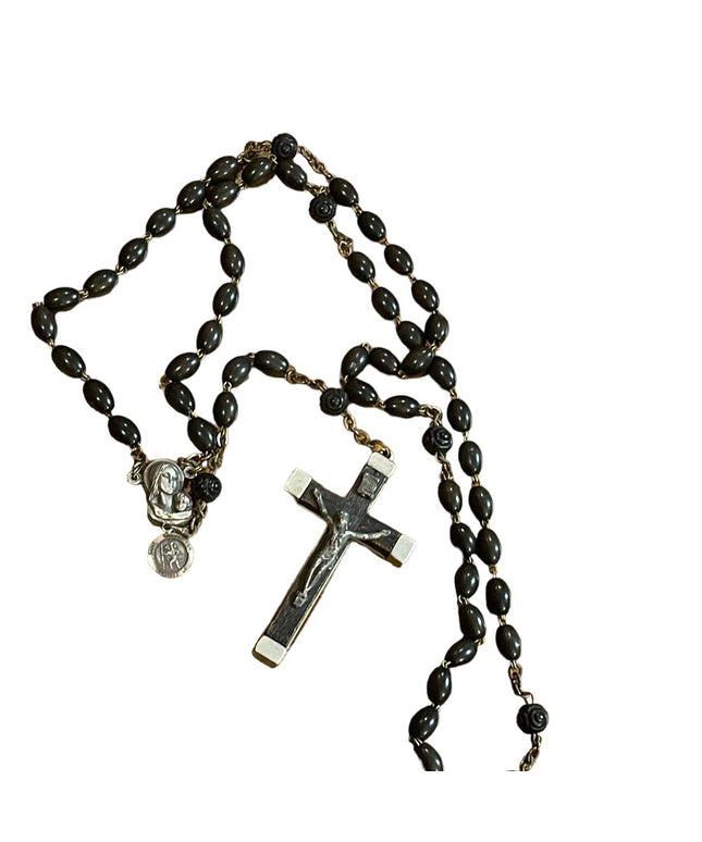 Antique Wood & Aluminum Crucifix Rosary Resin bead Italy