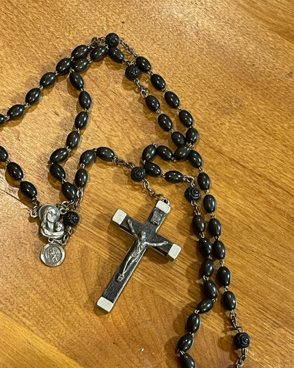 Antique Wood & Aluminum Crucifix Rosary Resin bead Italy