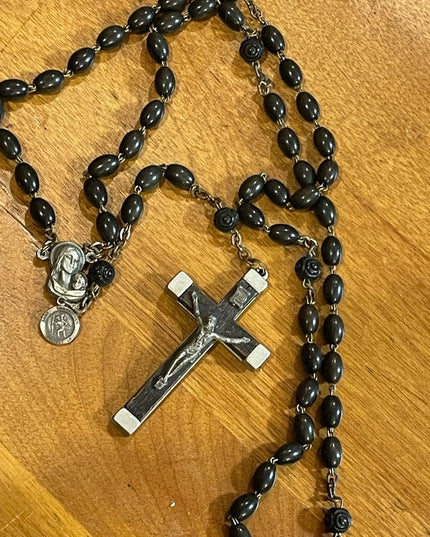 Antique Wood & Aluminum Crucifix Rosary Resin bead Italy