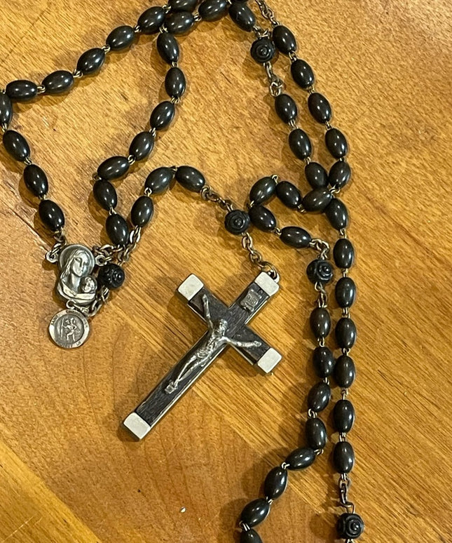 Antique Wood & Aluminum Crucifix Rosary Resin bead Italy