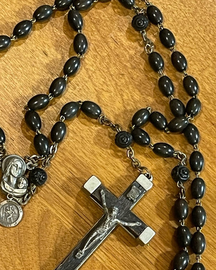 Antique Wood & Aluminum Crucifix Rosary Resin bead Italy