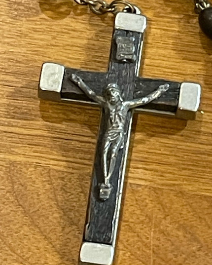 Antique Wood & Aluminum Crucifix Rosary Resin bead Italy