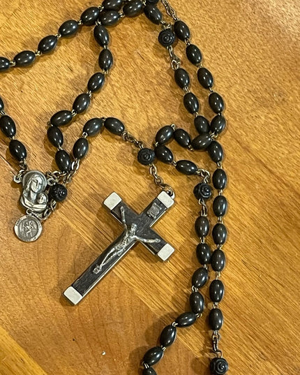 Antique Wood & Aluminum Crucifix Rosary Resin bead Italy