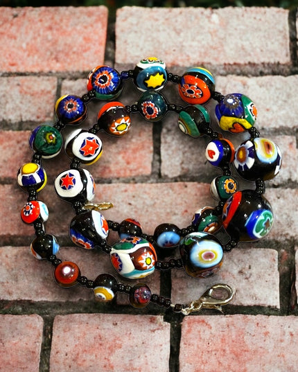 Vintage Graduated Italian Italy Venetian glass bead necklace Millefiore
