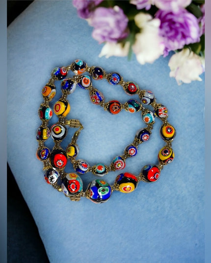 Vintage Graduated Italian Italy Venetian glass bead necklace Millefiore