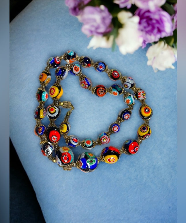 Vintage Graduated Italian Italy Venetian glass bead necklace Millefiore