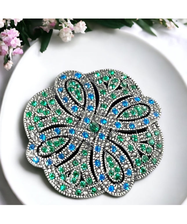 Fancy swirl blue green crystal brooch