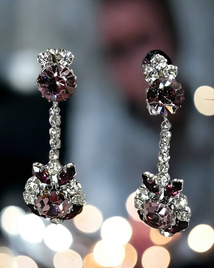 Vintage stunning purple & clear crystal dangle earrings clip ons