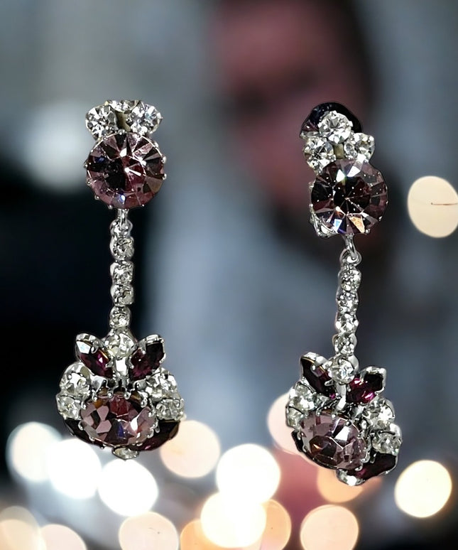 Vintage stunning purple & clear crystal dangle earrings clip ons