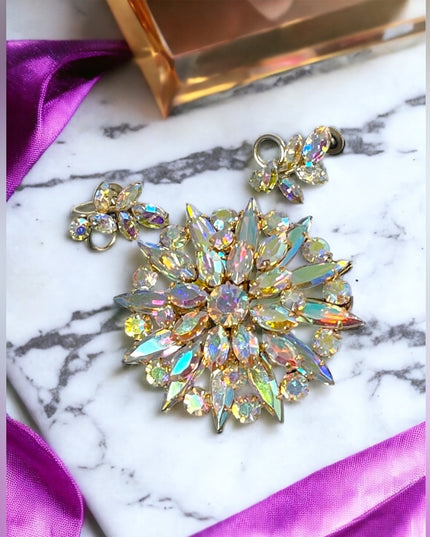Vintage 1950s AB Crystal Sherman screw back earrings & starburst brooch