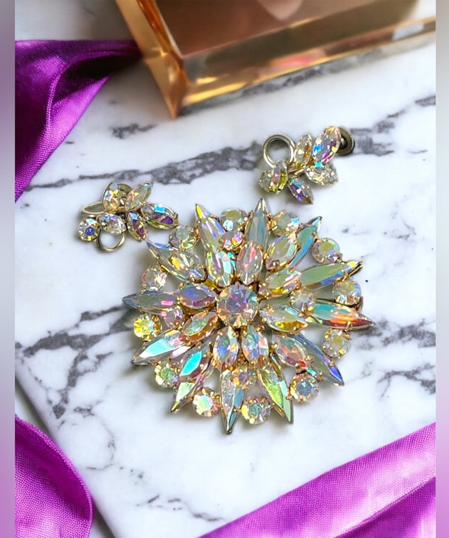 Vintage 1950s AB Crystal Sherman screw back earrings & starburst brooch