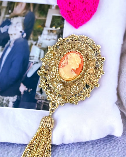 Vintage 1980s Majestic cameo brooch with tassel dangle antiqued
