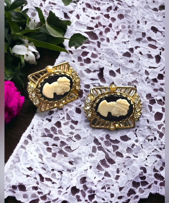 Vintage 1960s Coro Screw back crystal gold finish cameo earrings