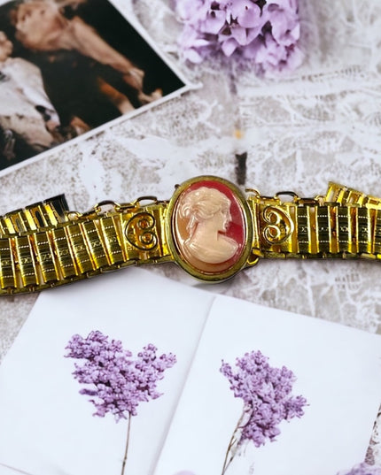 Vintage gold finish cameo Choker Necklace ornate etched finish