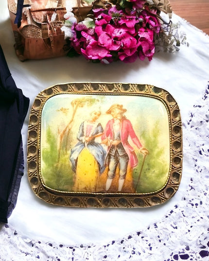 Antique 1920s CZECH ceramic Victorian Scene Cameo brooch square