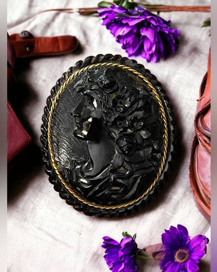 Antique Large Black Mourning JET Carved? Cameo with Gold band
