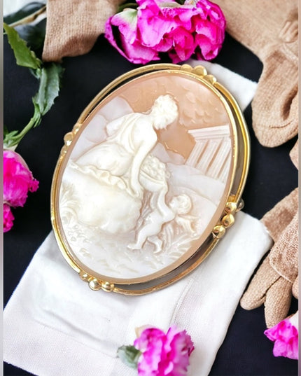 14K Gold Victorian cherub with goddess Italian Cameo brooch  pendant