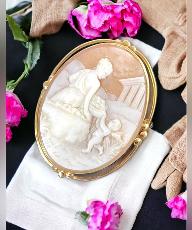 14K Gold Victorian cherub with goddess Italian Cameo brooch  pendant