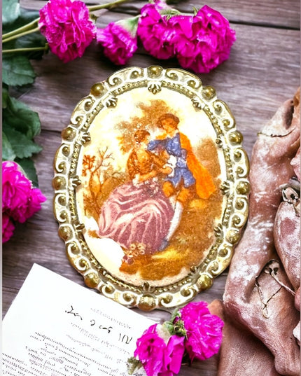 Vintage French scene Victorian Fragonard cameo brooch textured finish