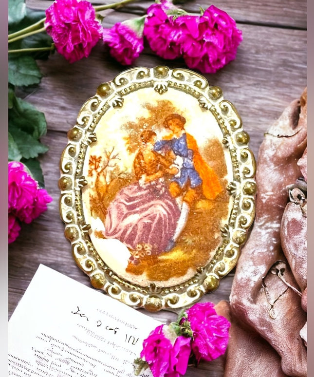 Vintage French scene Victorian Fragonard cameo brooch textured finish