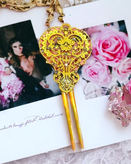 Victorian Antique hair comb pierced goldtone filigree metal design crystals LG