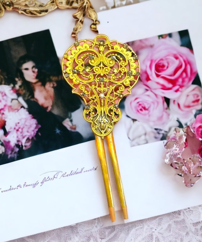 Victorian Antique hair comb pierced goldtone filigree metal design crystals LG