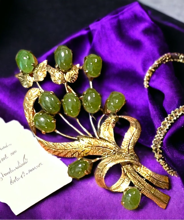 Antique Gold filled Jadite Fancy etched fine flower brooch Victorian