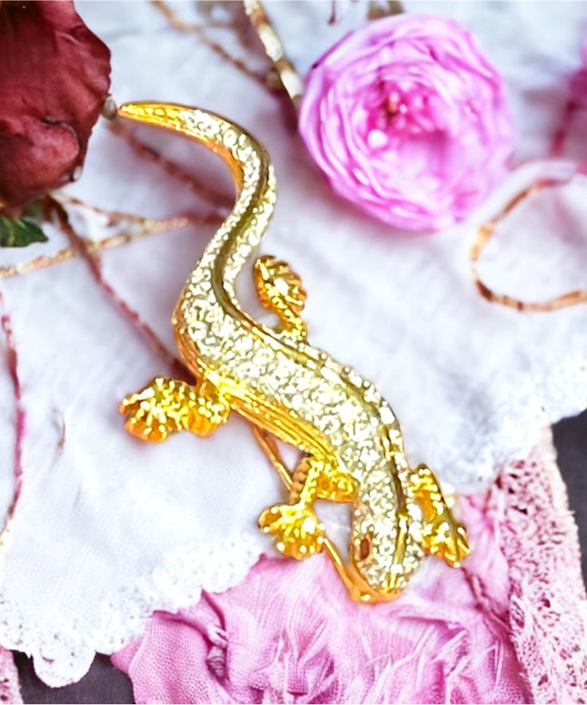 Vintage 1980s Gold Dorlan Lizard fancy crystal high wuality brooch