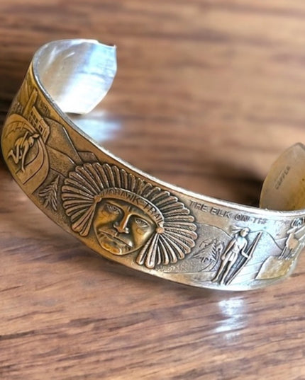 Vintage Copper silver Southwestern Navajo Etched Indian Mens Cuff bracelet