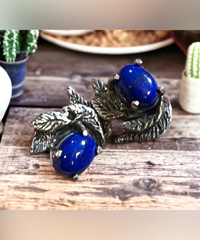 Sterling silver Lapis Southwestern 925 leaf stud earrings
