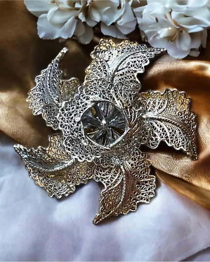Vintage Silver finish german silver filagree fancy 1940s flower brooch